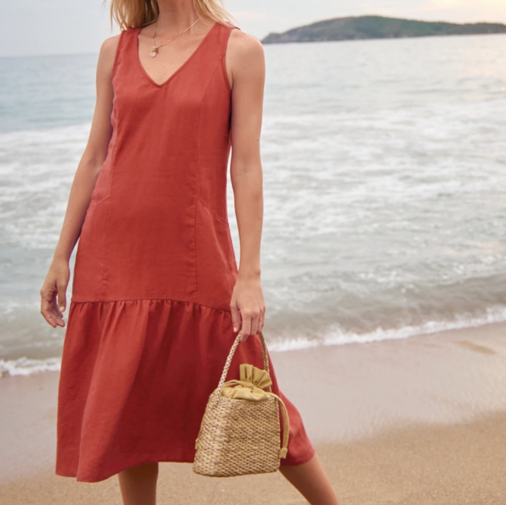 GARNET HILL Linen Dropwaist Sundress, orange, size M